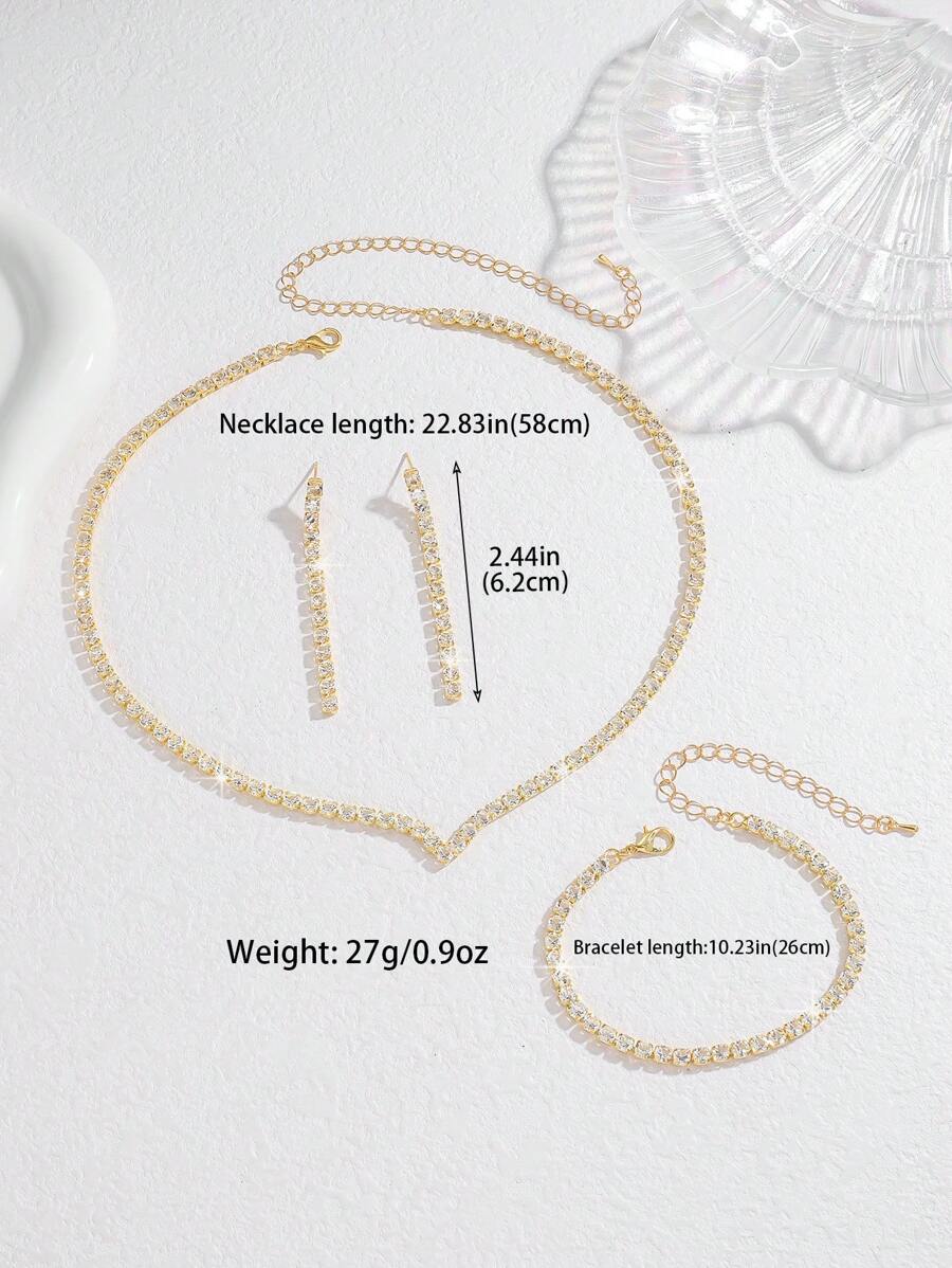 SHEIN طقم مجوهرات ذهبي 3 قطع مرصع بالراين أنيق ولامع