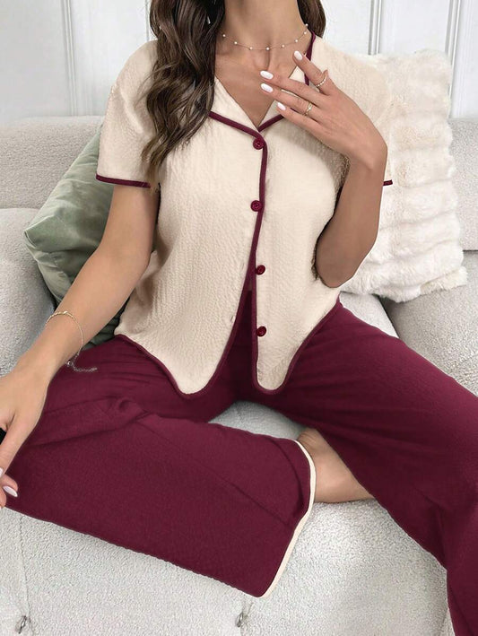 SHEIN Snug Zone بدلة نوم سروال وتوب بأزرار وحواف متباينة