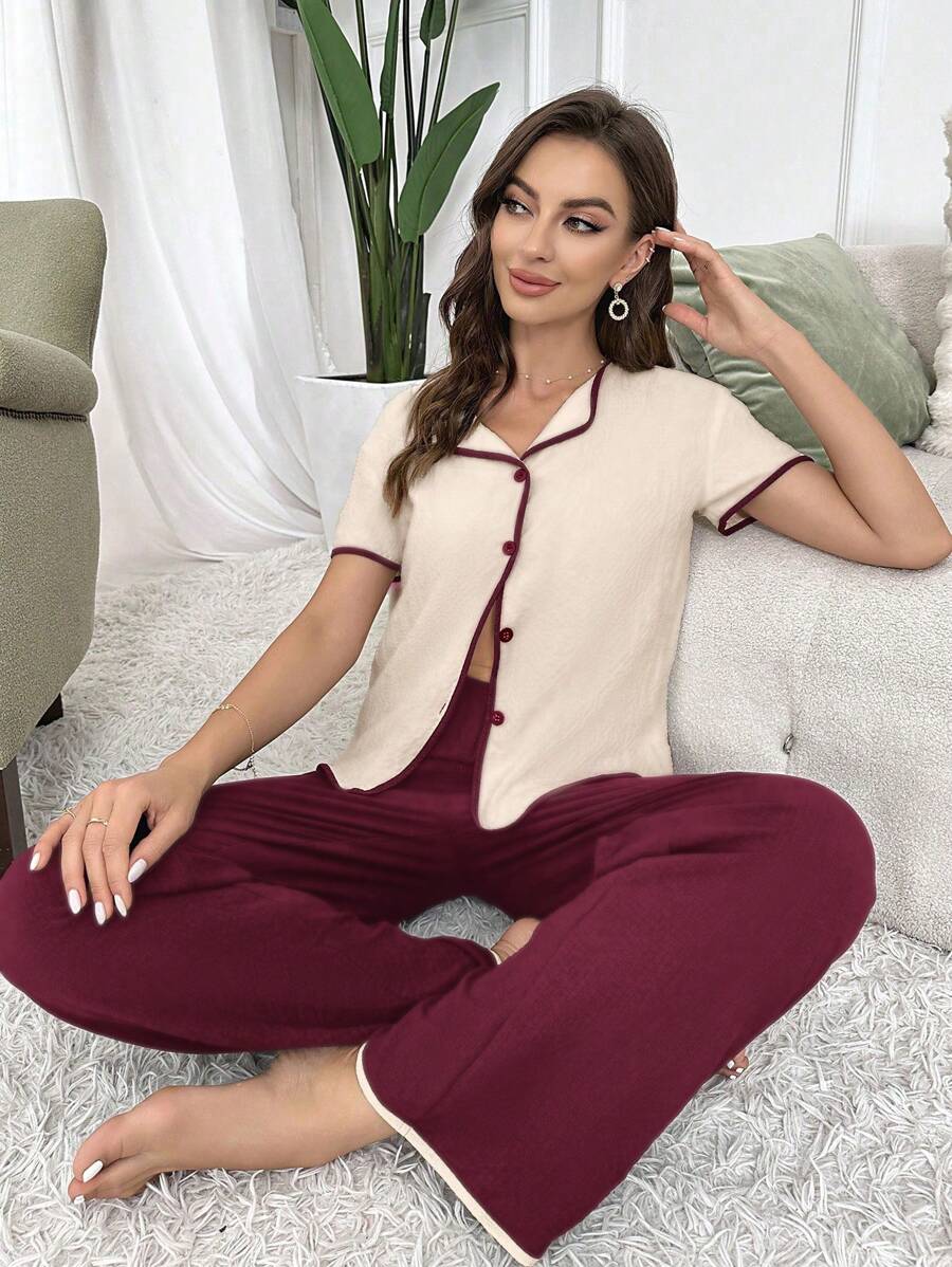 SHEIN Snug Zone بدلة نوم سروال وتوب بأزرار وحواف متباينة