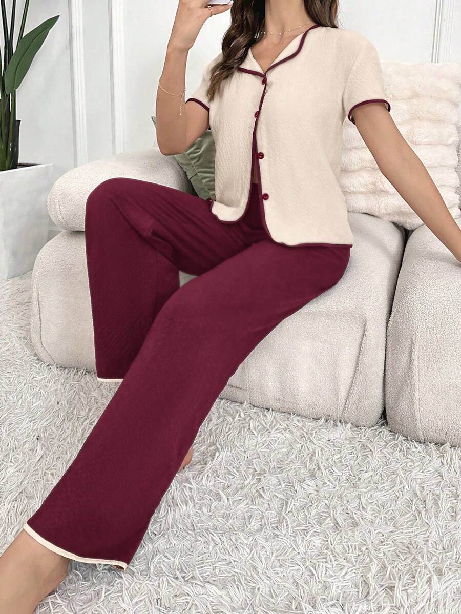 SHEIN Snug Zone بدلة نوم سروال وتوب بأزرار وحواف متباينة