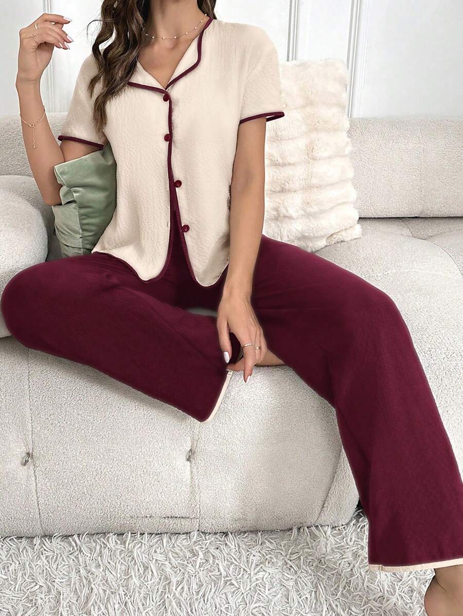 SHEIN Snug Zone بدلة نوم سروال وتوب بأزرار وحواف متباينة