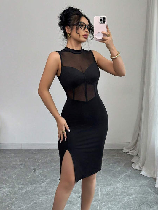 SHEIN Elenzga فستان اسود بياقة عالية مع شبك متداخل