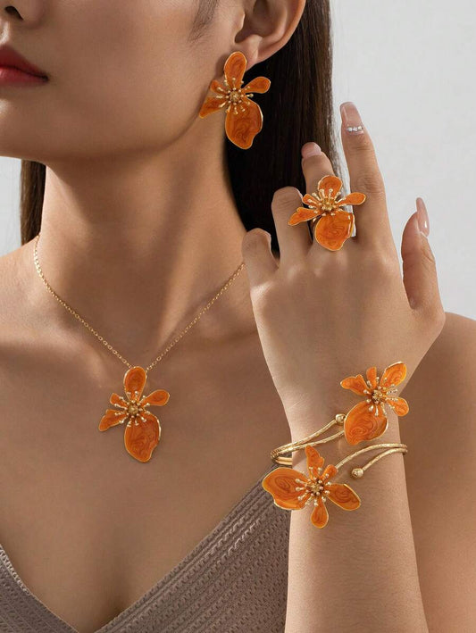 SHEIN طقم مجوهرات بشكل زهري قلادة وأقراط وخاتم وسوار