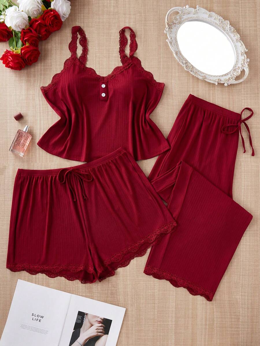 SHEIN بيجامة 3 قطع ألوان سادة ودانتيل