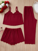 SHEIN بيجامة 3 قطع ألوان سادة ودانتيل
