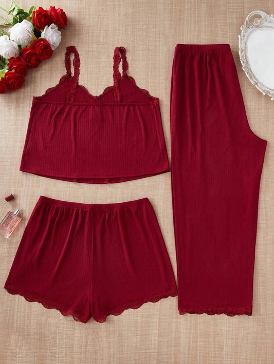 SHEIN بيجامة 3 قطع ألوان سادة ودانتيل