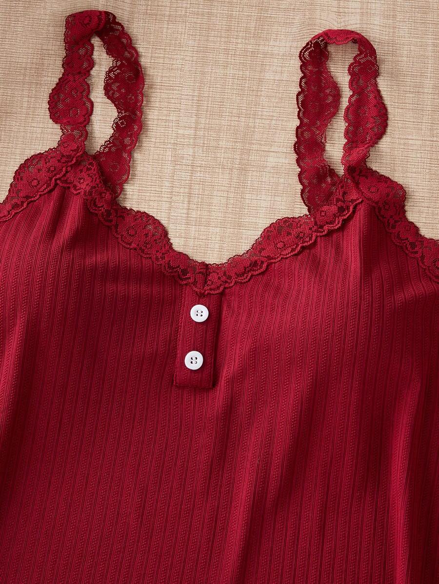 SHEIN بيجامة 3 قطع ألوان سادة ودانتيل