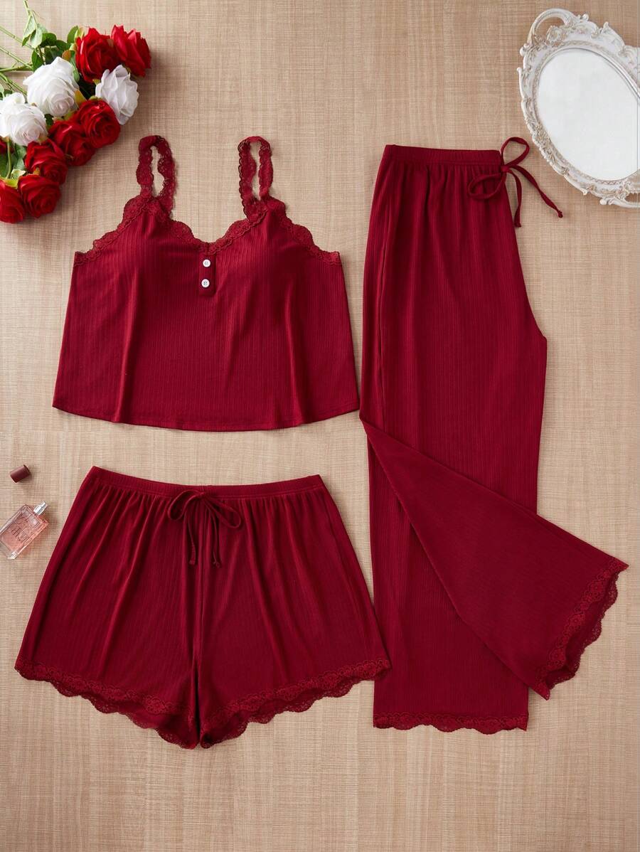 SHEIN بيجامة 3 قطع ألوان سادة ودانتيل