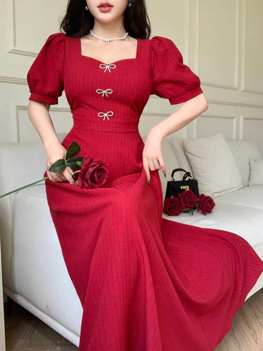 SHEIN Feyla فستان سندريلا أحمر مزين بالكريستال والفيونكات