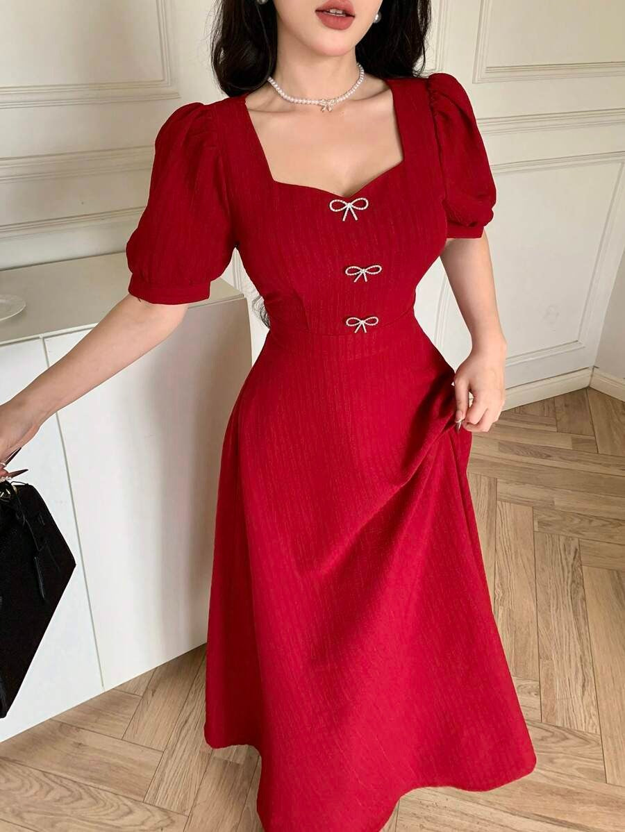 SHEIN Feyla فستان سندريلا أحمر مزين بالكريستال والفيونكات