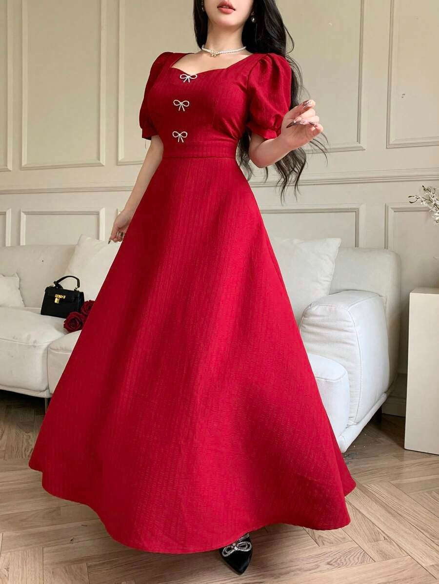 SHEIN Feyla فستان سندريلا أحمر مزين بالكريستال والفيونكات