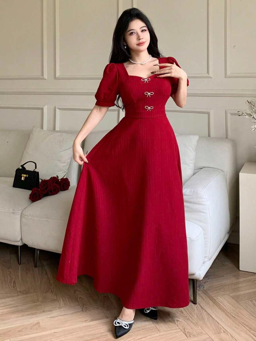 SHEIN Feyla فستان سندريلا أحمر مزين بالكريستال والفيونكات
