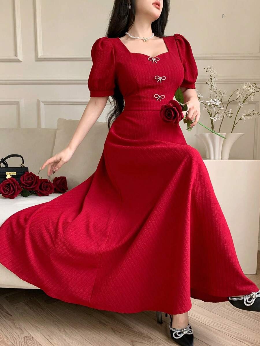 SHEIN Feyla فستان سندريلا أحمر مزين بالكريستال والفيونكات