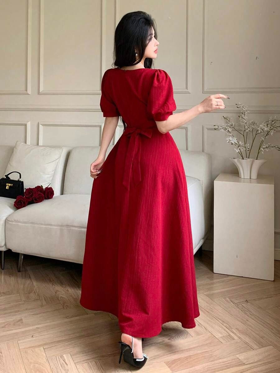 SHEIN Feyla فستان سندريلا أحمر مزين بالكريستال والفيونكات