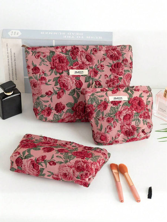 SHEIN حقيبة مكياج حمراء بتصميم زهرة الورد للتخزين