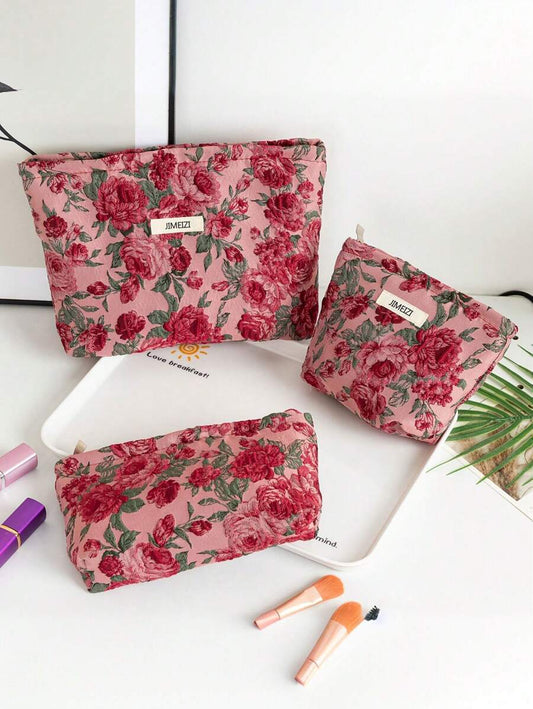 SHEIN حقيبة مكياج حمراء بتصميم زهرة الورد للتخزين