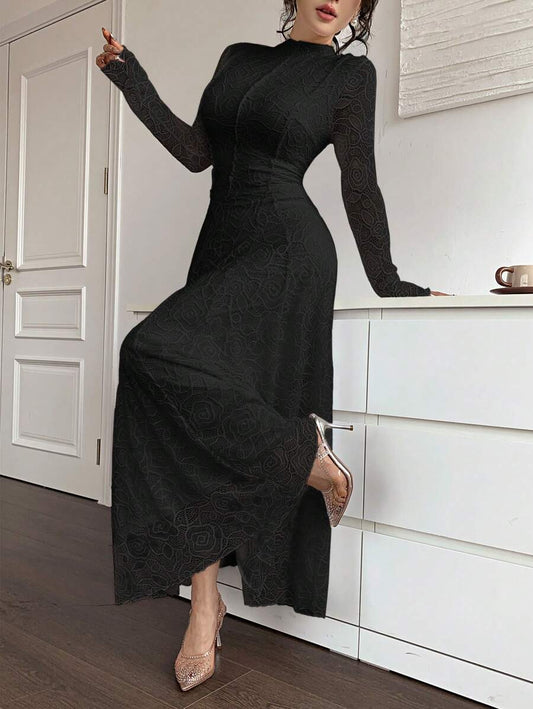 SHEIN Modelyn فستان اسود طويل من الدانتيل