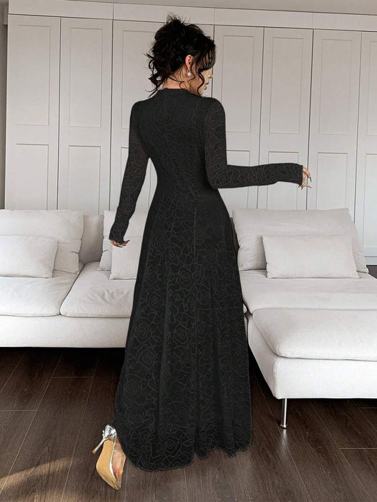 SHEIN Modelyn فستان اسود طويل من الدانتيل