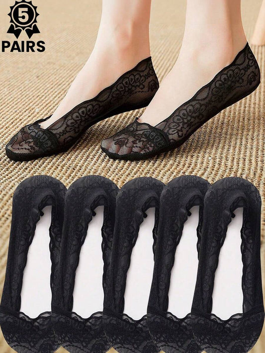 SHEIN طقم 5 أزواج جوارب قارب منقوشة بالزهور والموجات ماصة للعرق