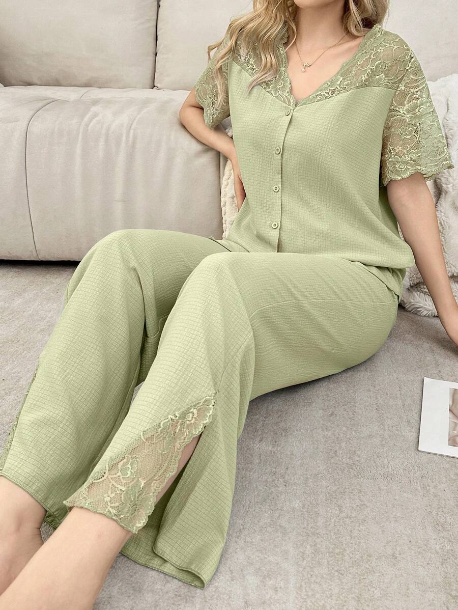 SHEIN بيجامة بأكمام قصيرة بكتف مفتوح شبه شفافة