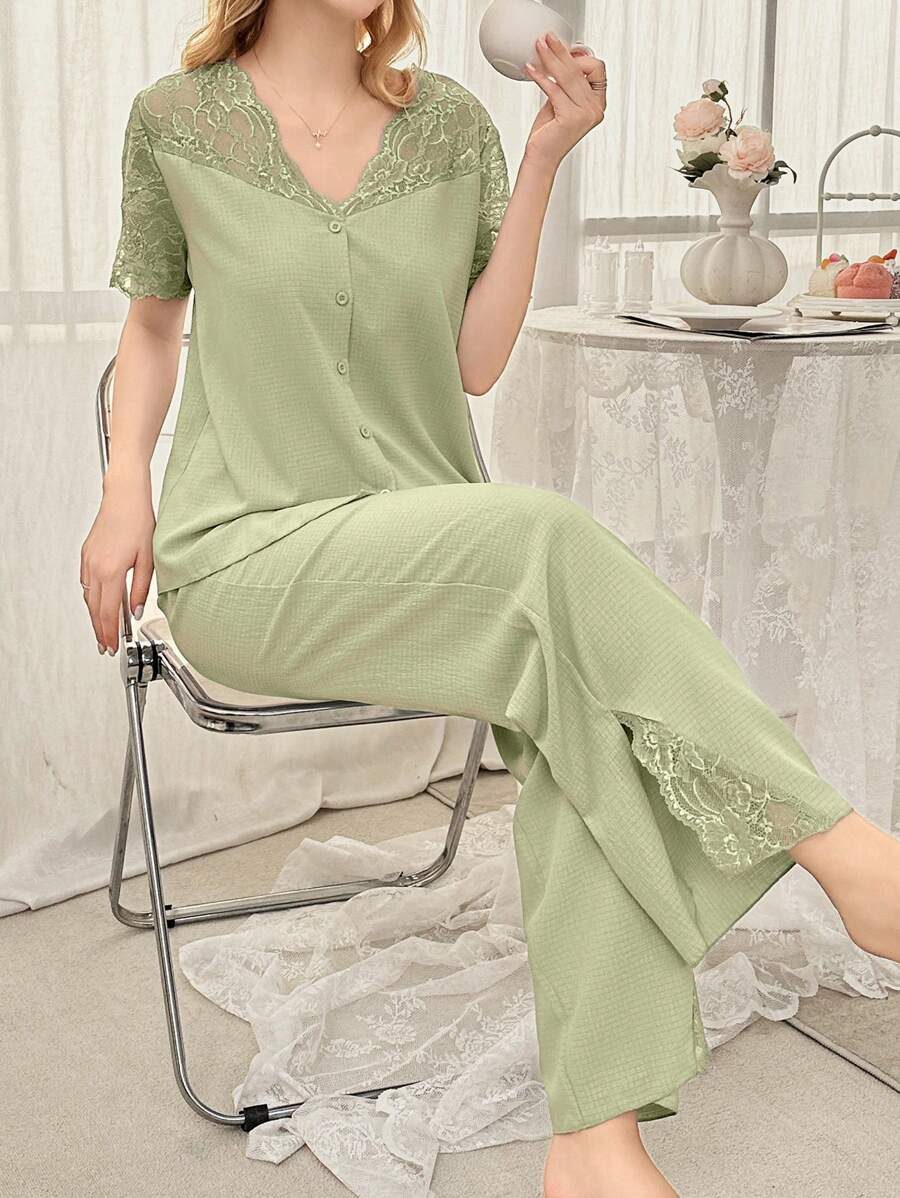 SHEIN بيجامة بأكمام قصيرة بكتف مفتوح شبه شفافة