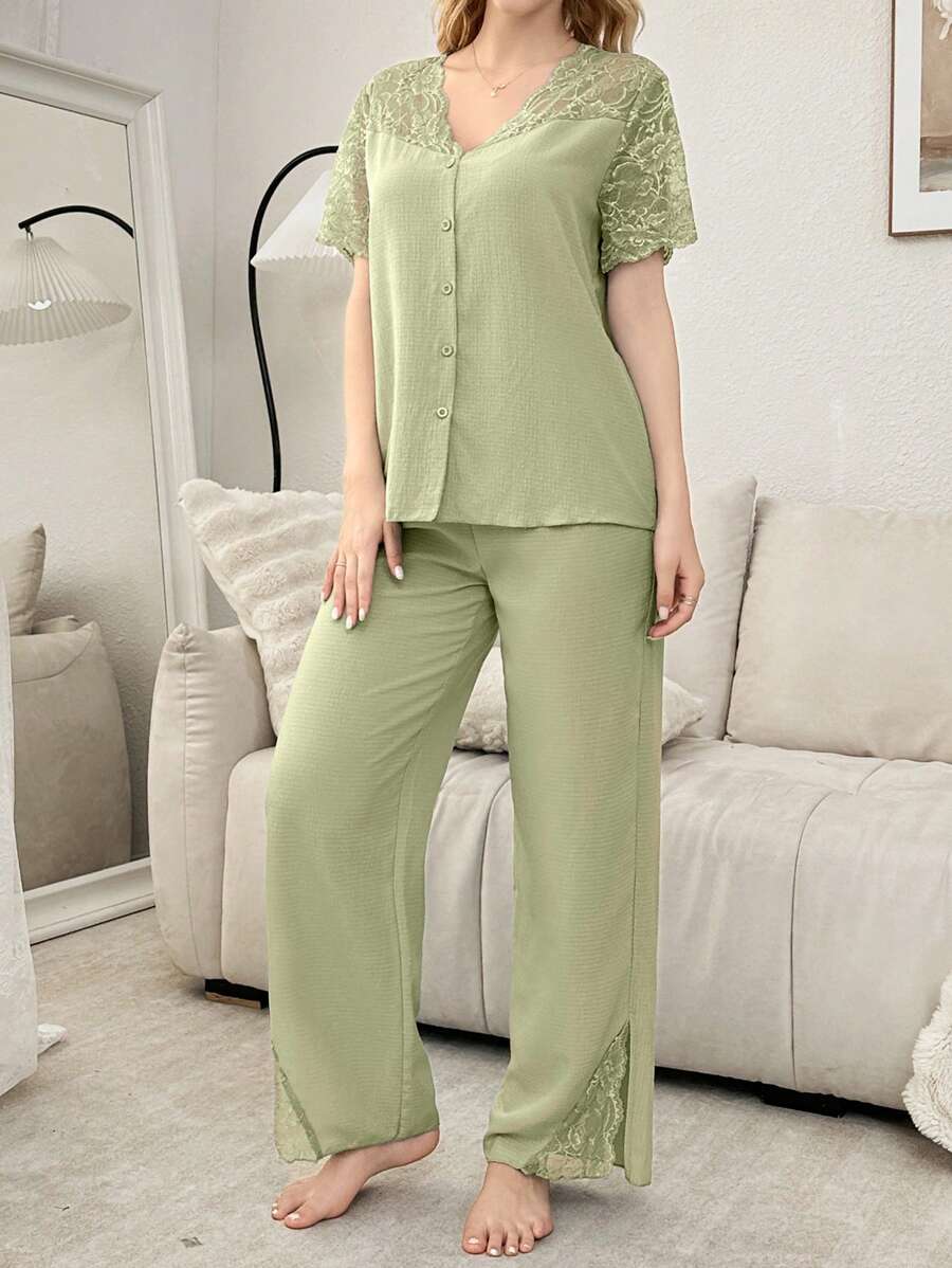 SHEIN بيجامة بأكمام قصيرة بكتف مفتوح شبه شفافة