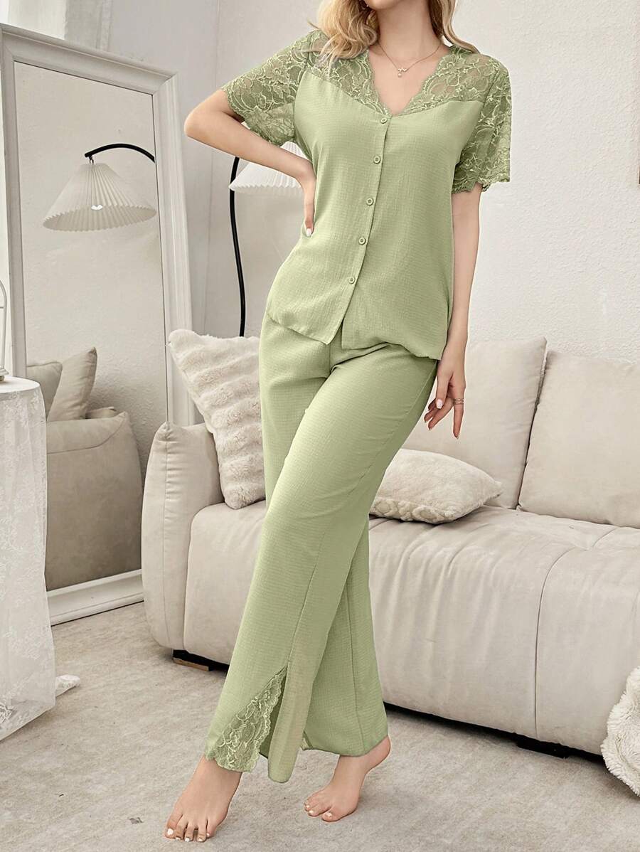 SHEIN بيجامة بأكمام قصيرة بكتف مفتوح شبه شفافة