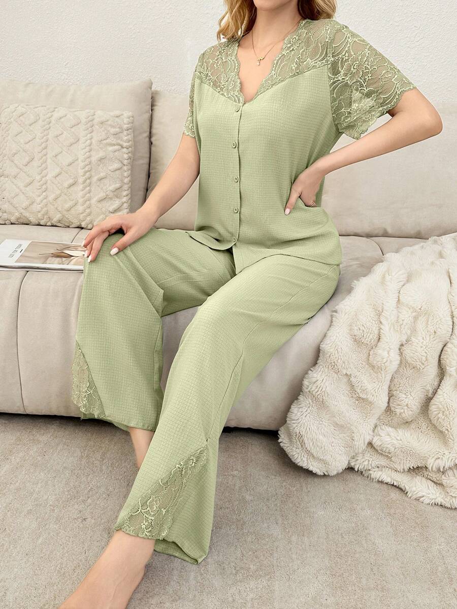 SHEIN بيجامة بأكمام قصيرة بكتف مفتوح شبه شفافة