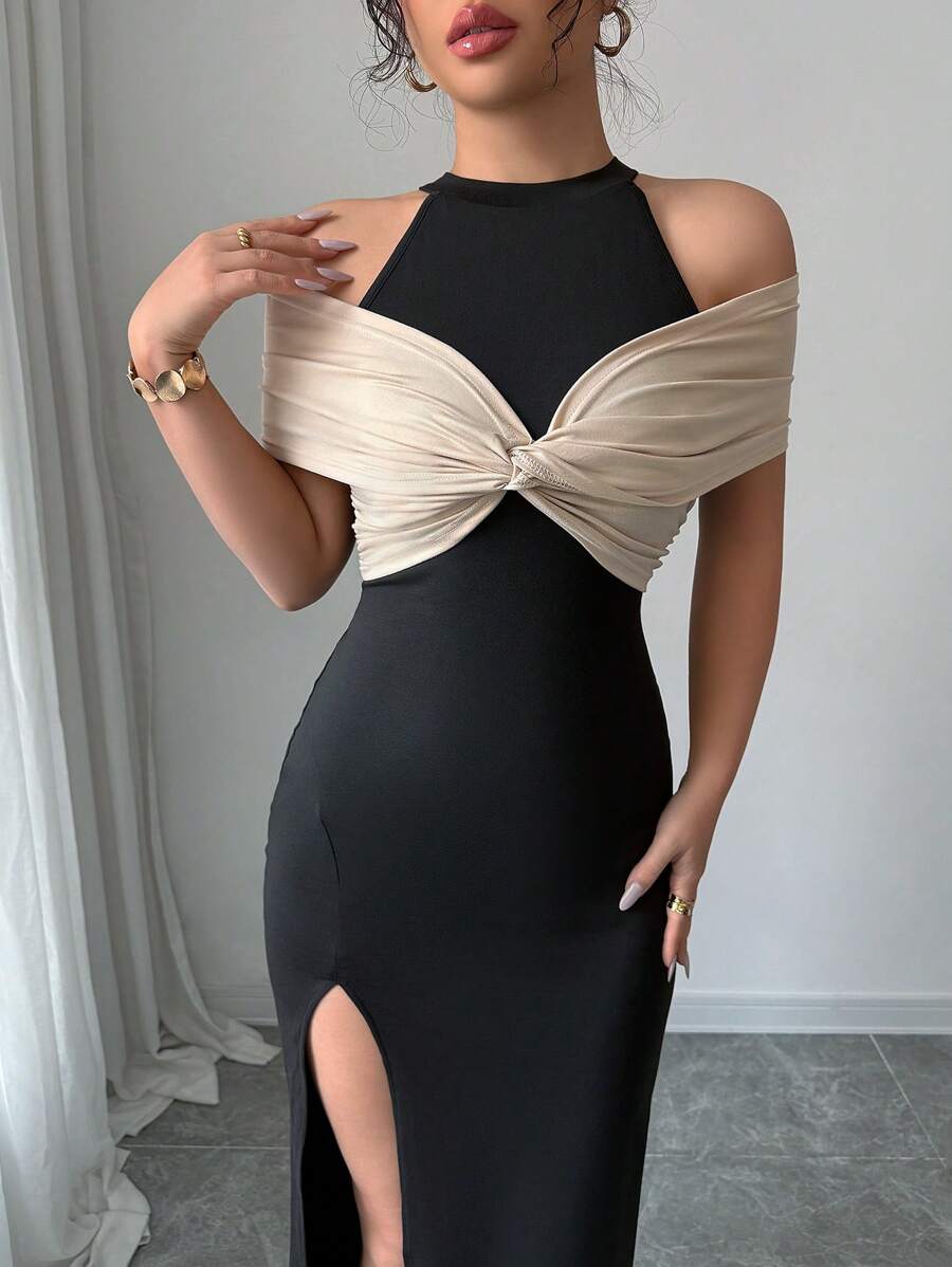 SHEIN Rafferiza فستان أسود وبيج مفتوح من الخلف بشق عالي