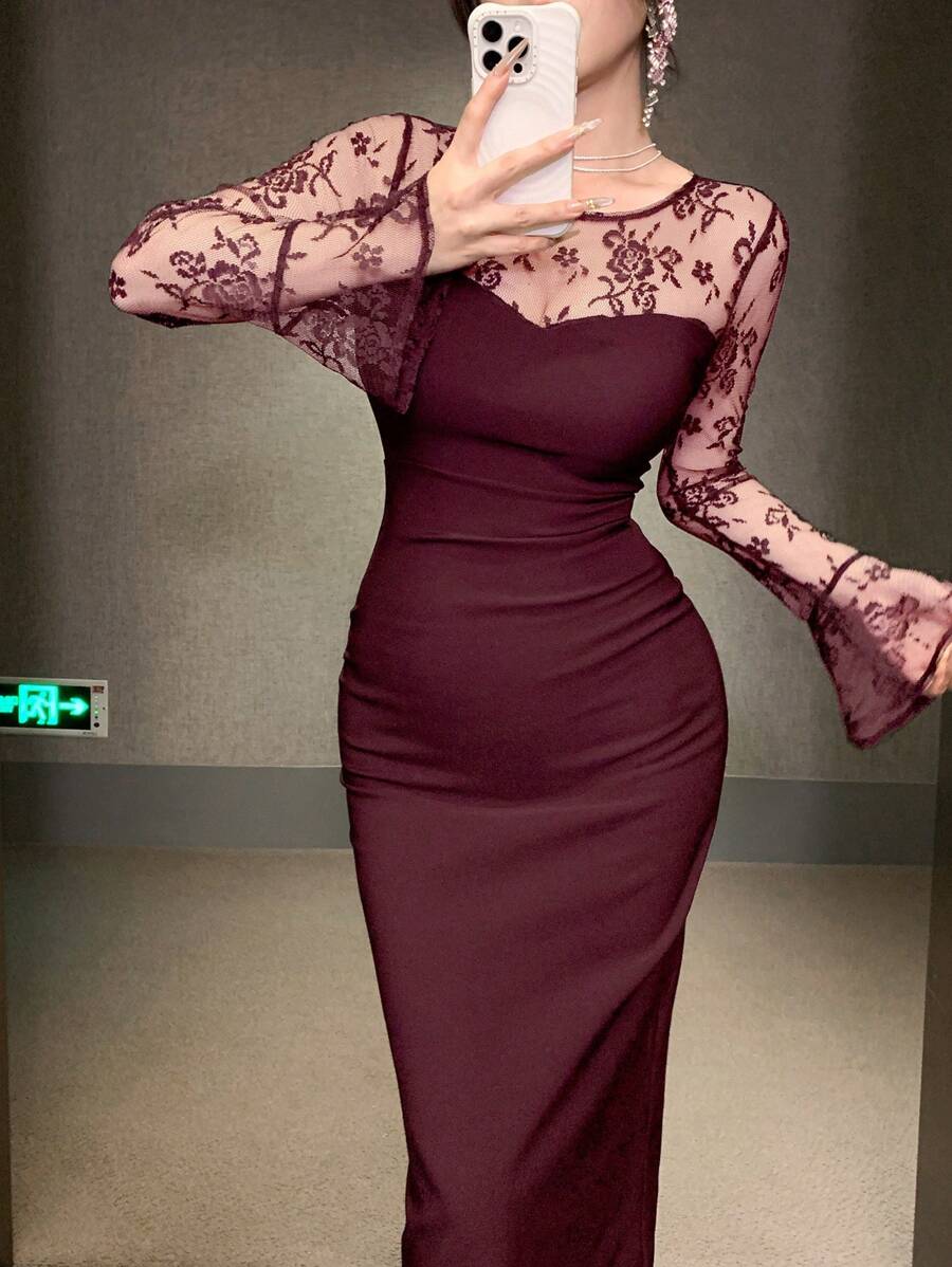 SHEIN DAZY فستان بأكمام جرس وذيل حورية البحر باللون العنابي