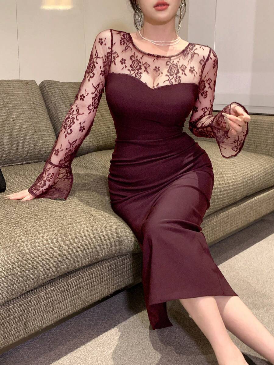 SHEIN DAZY فستان بأكمام جرس وذيل حورية البحر باللون العنابي