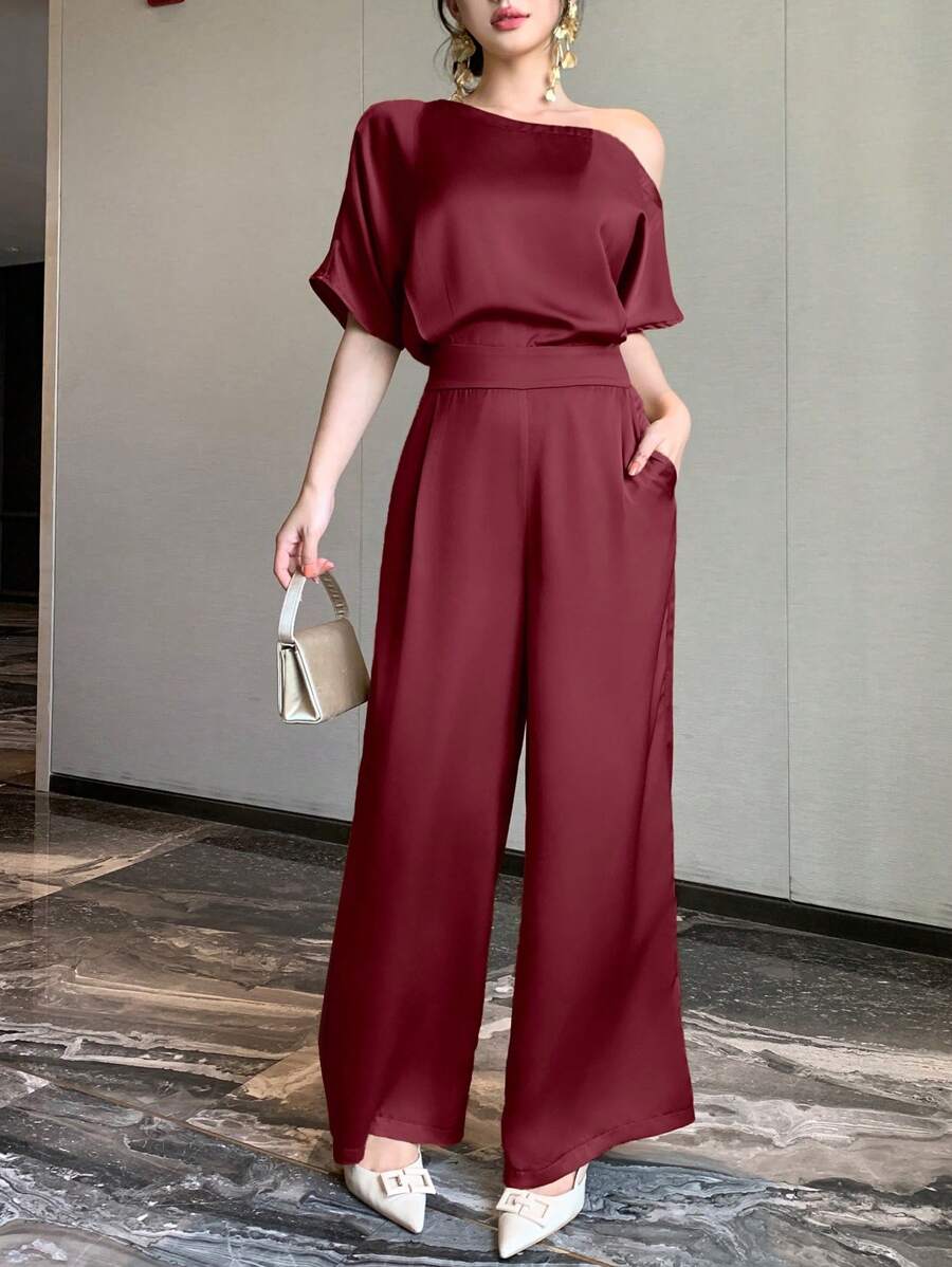 SHEIN DAZY جمبسوت نسائي بكتف واحد  بطراز أنيق بلون عنابي