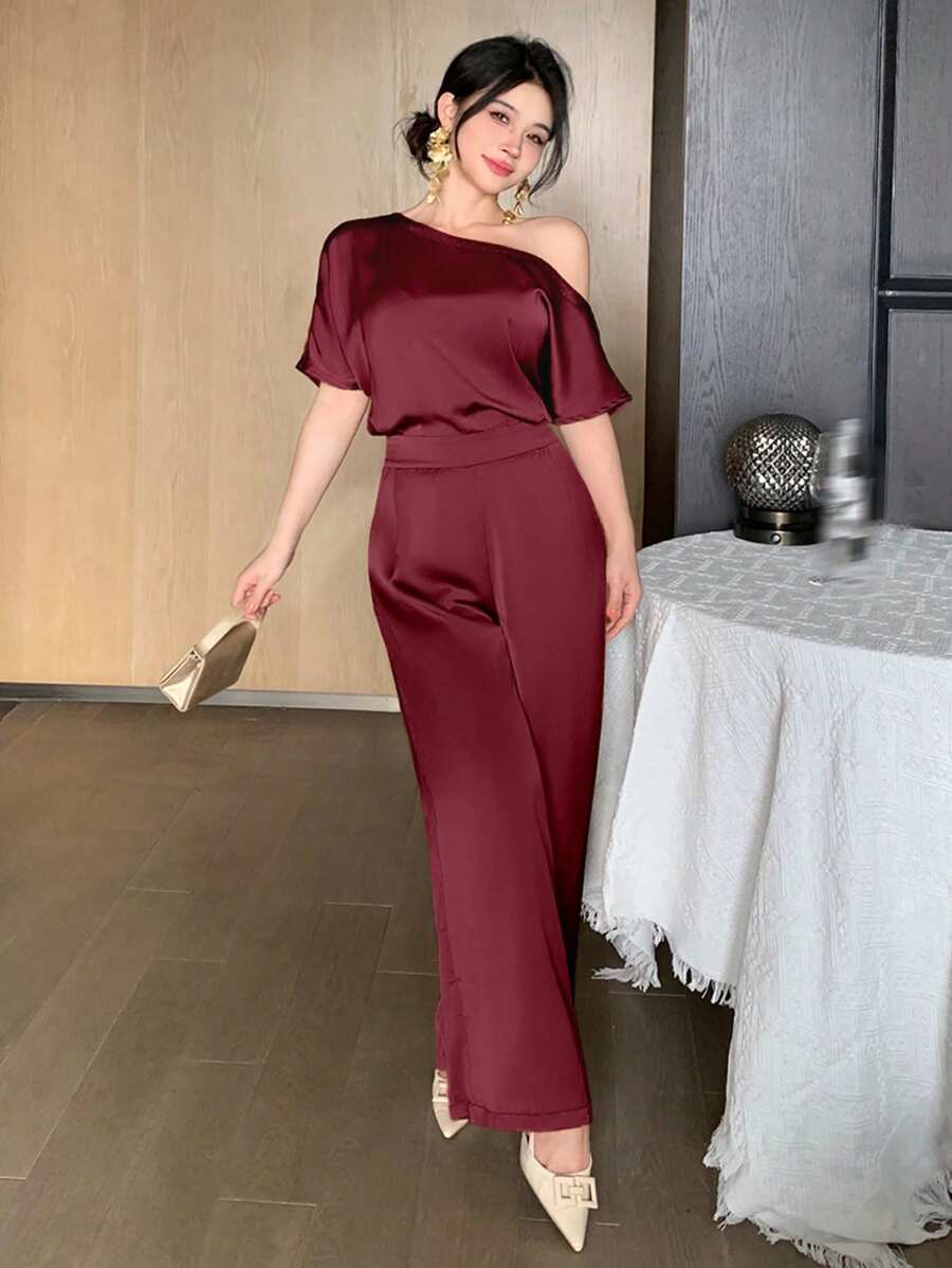 SHEIN DAZY جمبسوت نسائي بكتف واحد  بطراز أنيق بلون عنابي