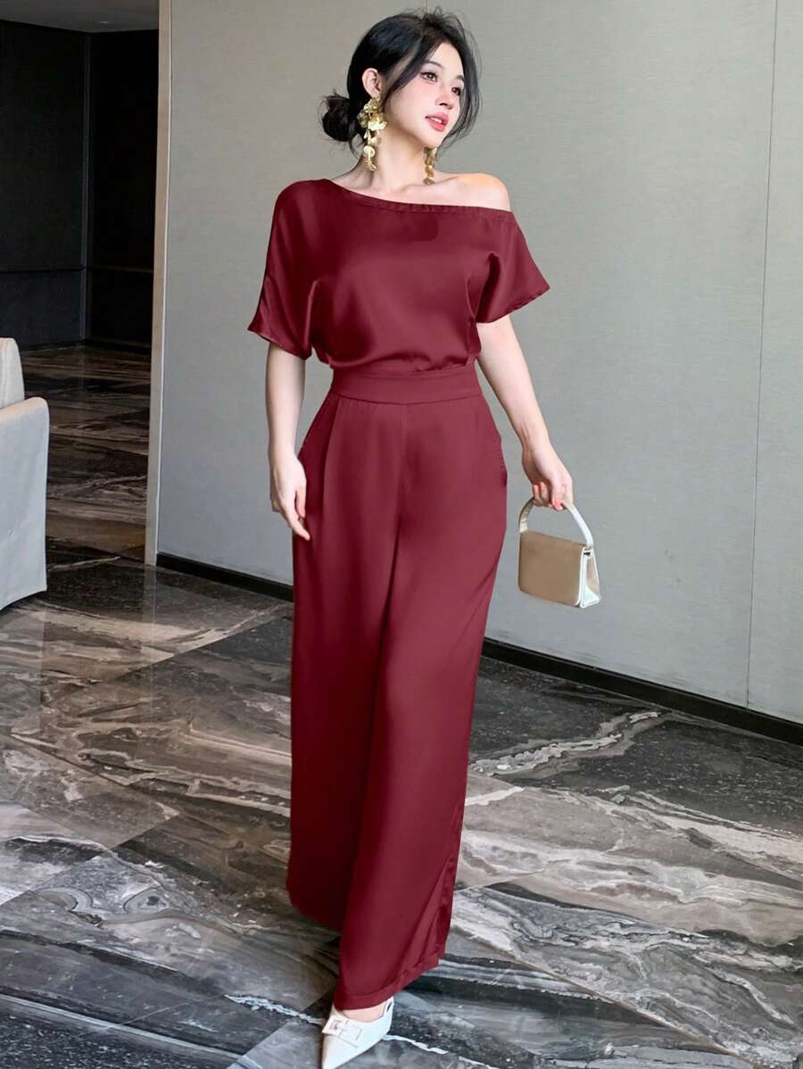 SHEIN DAZY جمبسوت نسائي بكتف واحد  بطراز أنيق بلون عنابي
