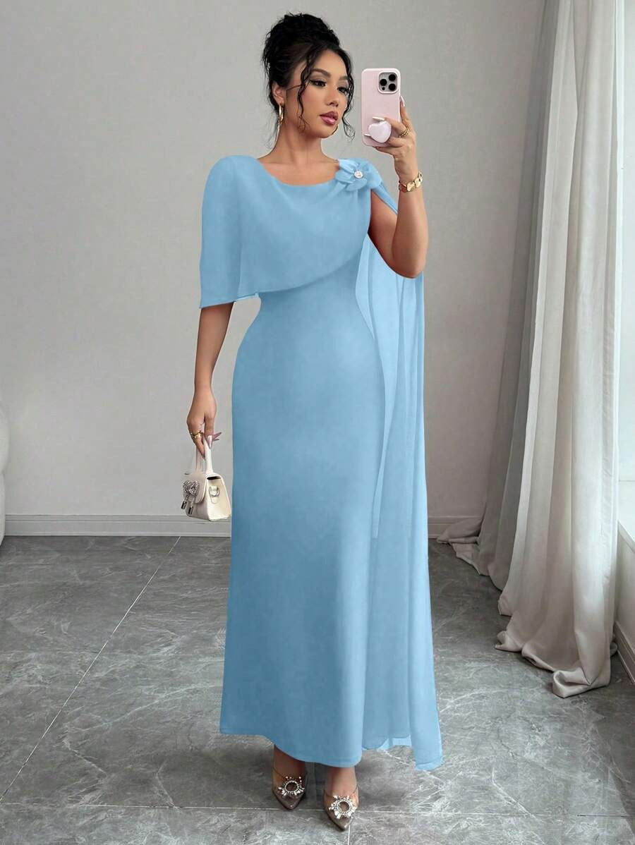 SHEIN Rafferiza فستان أزرق فاتح اللون مع فيونكة منسدلة من الكتف