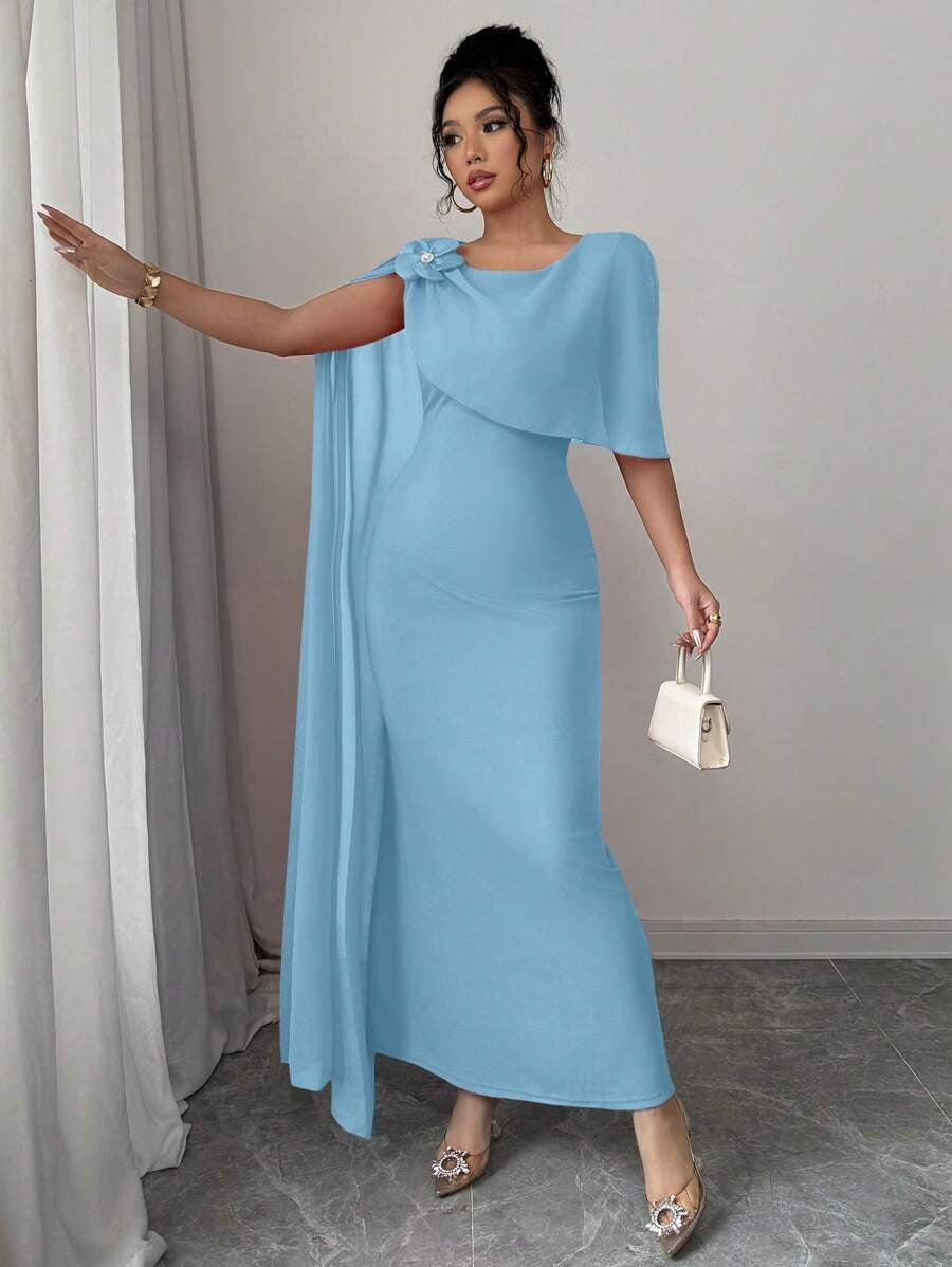 SHEIN Rafferiza فستان أزرق فاتح اللون مع فيونكة منسدلة من الكتف