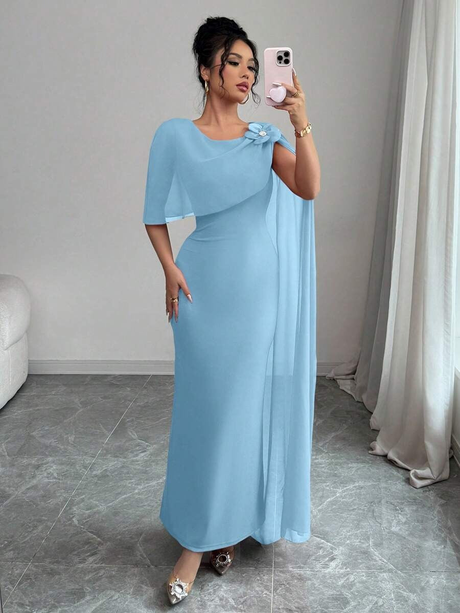 SHEIN Rafferiza فستان أزرق فاتح اللون مع فيونكة منسدلة من الكتف