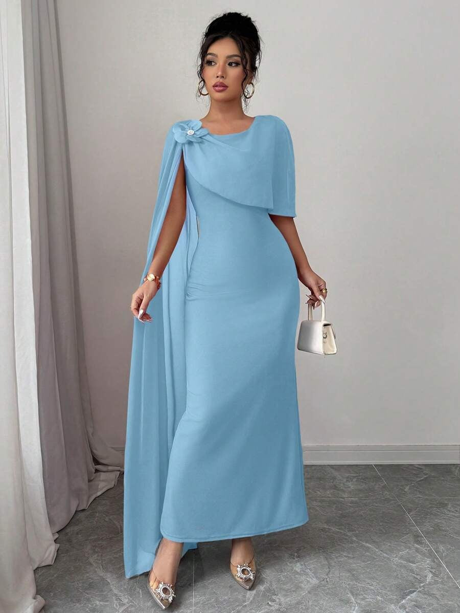 SHEIN Rafferiza فستان أزرق فاتح اللون مع فيونكة منسدلة من الكتف