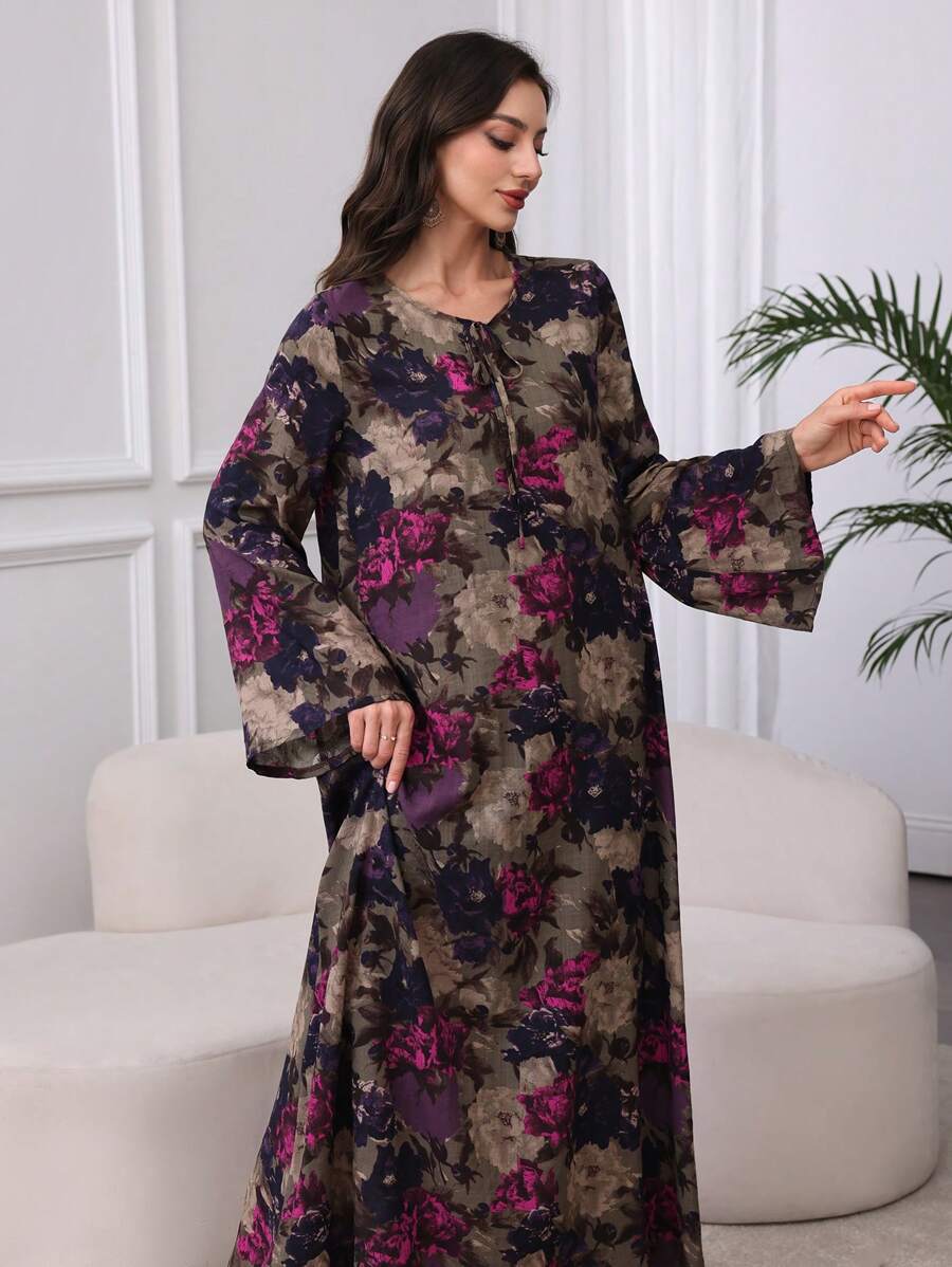SHEIN Al Najma فستان قطني محتشم بطبعة زهور وياقة مربوطة