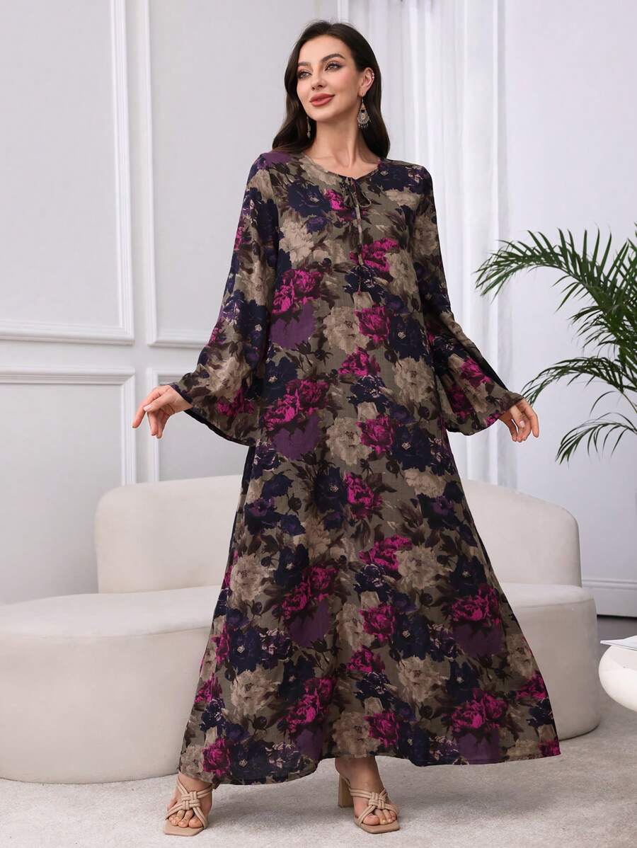 SHEIN Al Najma فستان قطني محتشم بطبعة زهور وياقة مربوطة