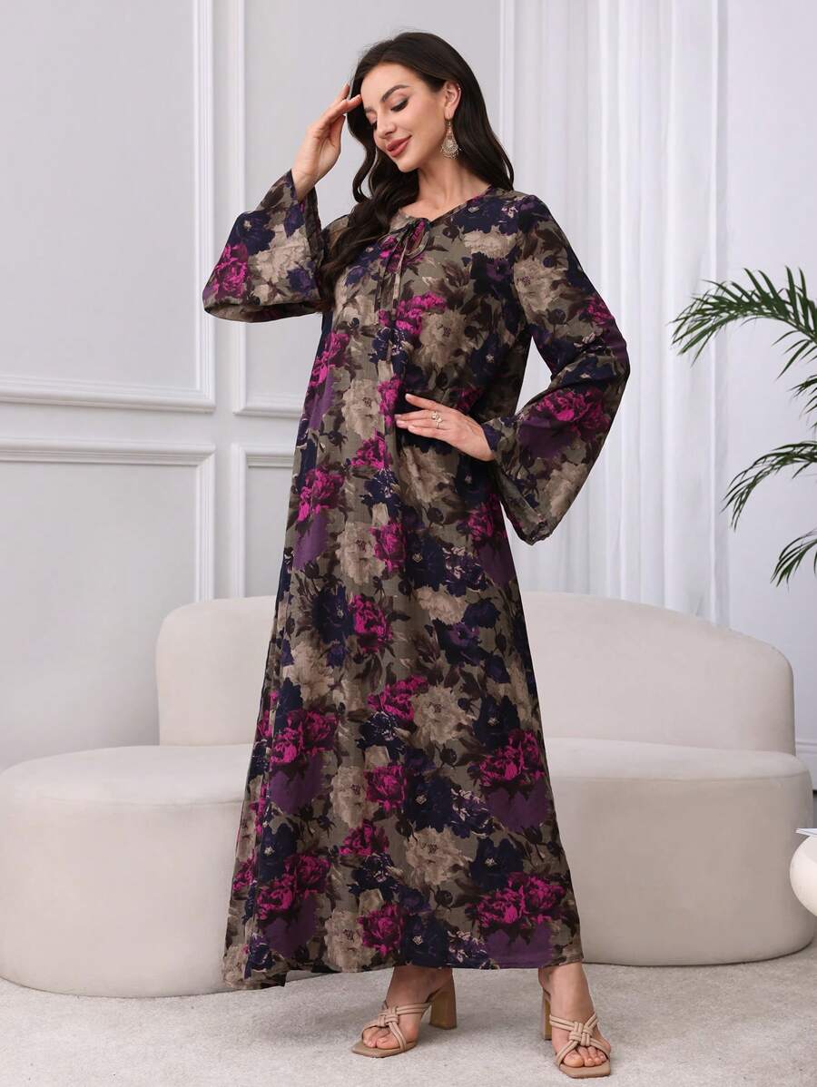 SHEIN Al Najma فستان قطني محتشم بطبعة زهور وياقة مربوطة
