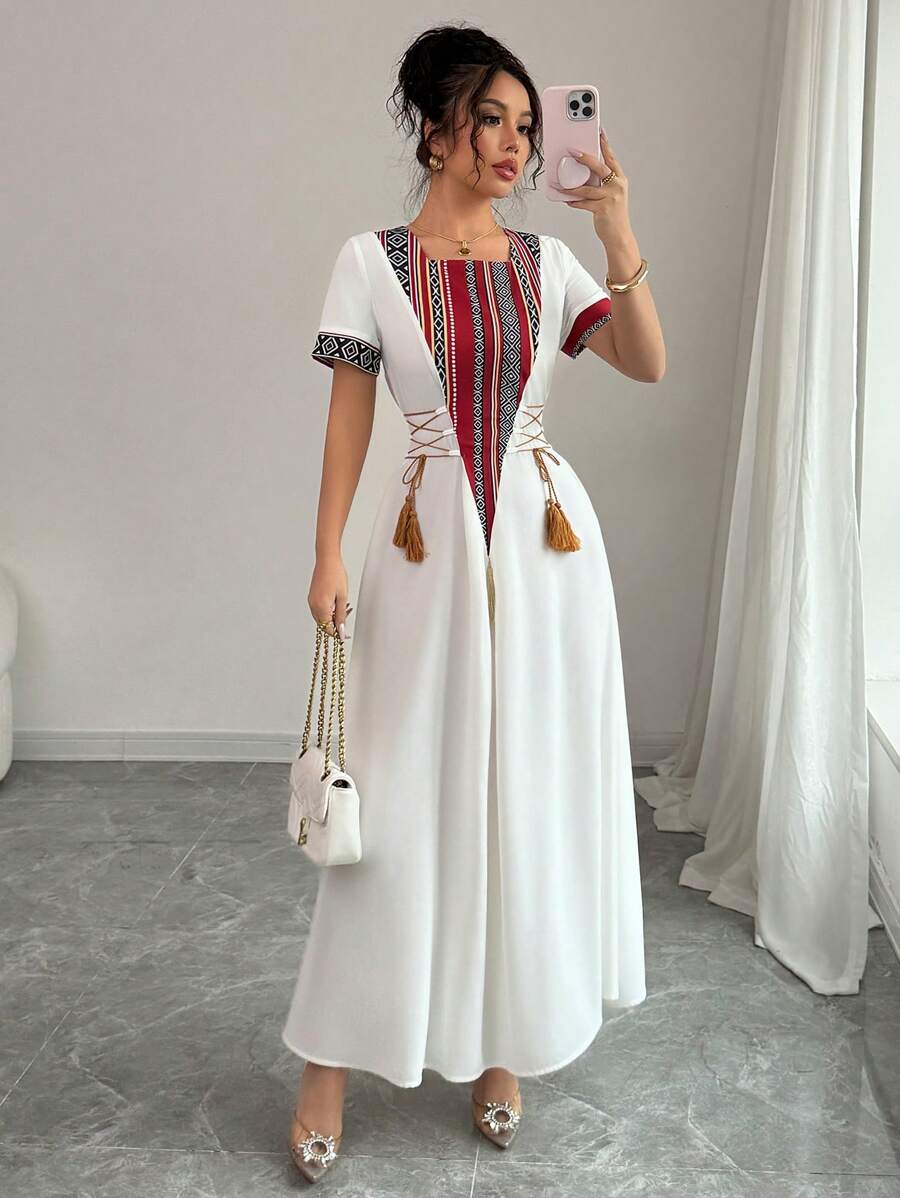 SHEIN Rafferiza فستان متوسط الطول بأكمام طاقم وربطة عند الخصر