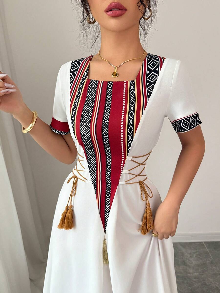 SHEIN Rafferiza فستان متوسط الطول بأكمام طاقم وربطة عند الخصر