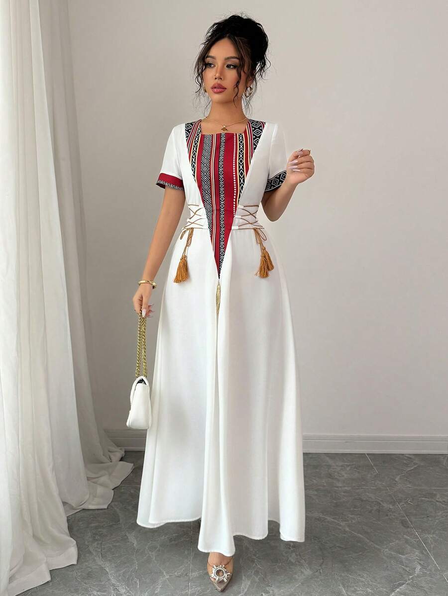 SHEIN Rafferiza فستان متوسط الطول بأكمام طاقم وربطة عند الخصر