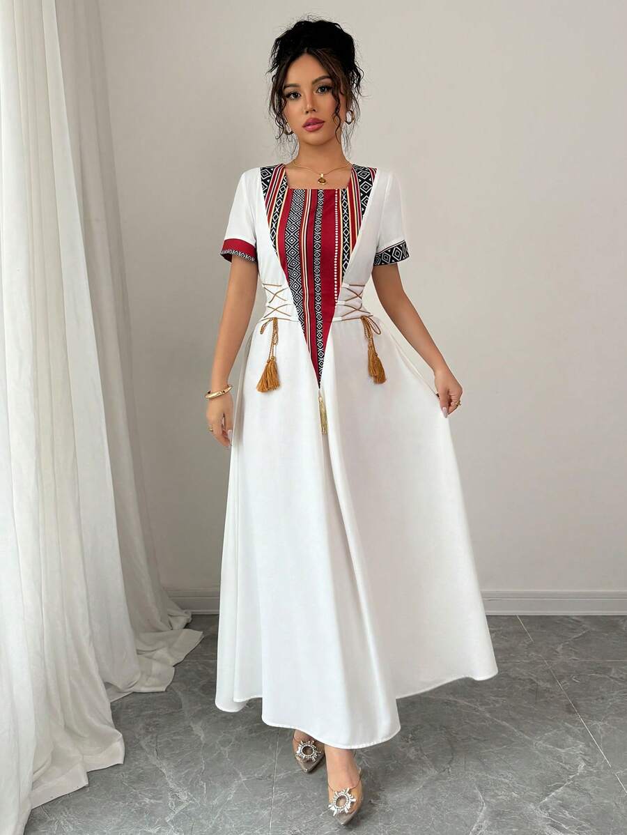 SHEIN Rafferiza فستان متوسط الطول بأكمام طاقم وربطة عند الخصر