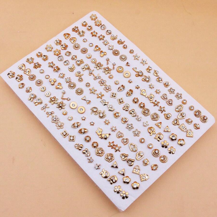 SHEIN طقم 100 زوج أقراط رينستون مطلية بالذهب بتصاميم بلاستيكية