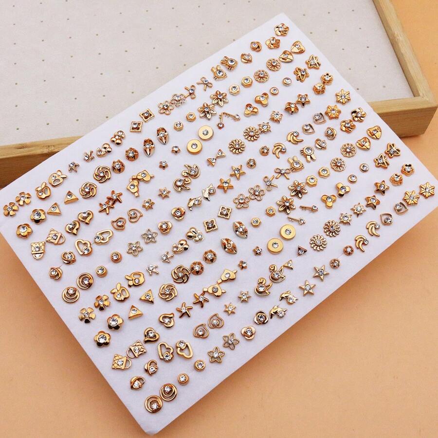 SHEIN طقم 100 زوج أقراط رينستون مطلية بالذهب بتصاميم بلاستيكية