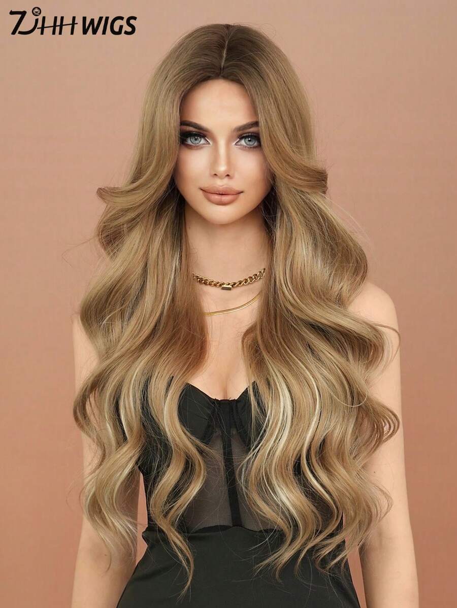 SHEIN باروكة شعر طويل جداً مموج بلون بني فاتح 32 بوصة