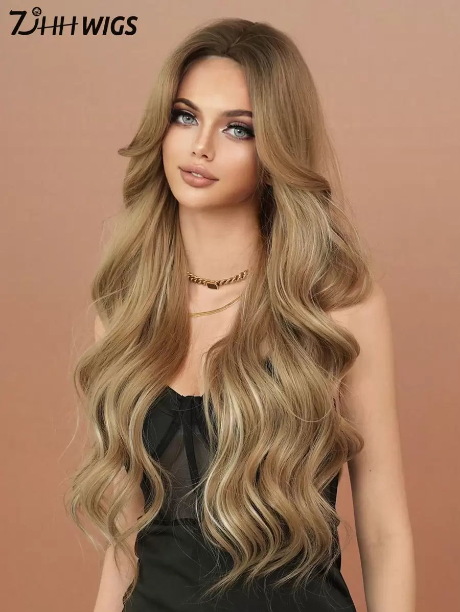 SHEIN باروكة شعر طويل جداً مموج بلون بني فاتح 32 بوصة