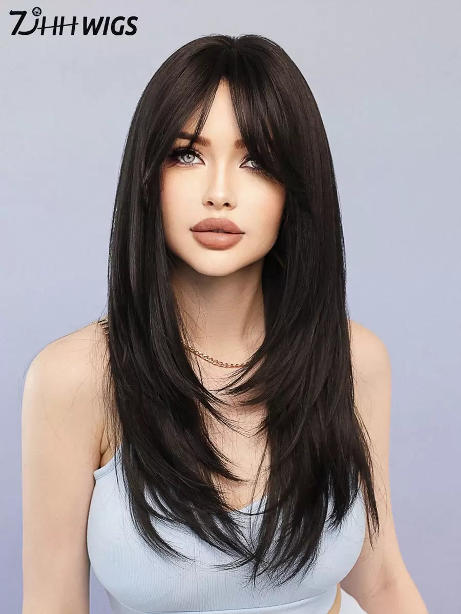 SHEIN باروكة شعر صناعي طويل 24 بوصة بني داكن مموج مع غرة